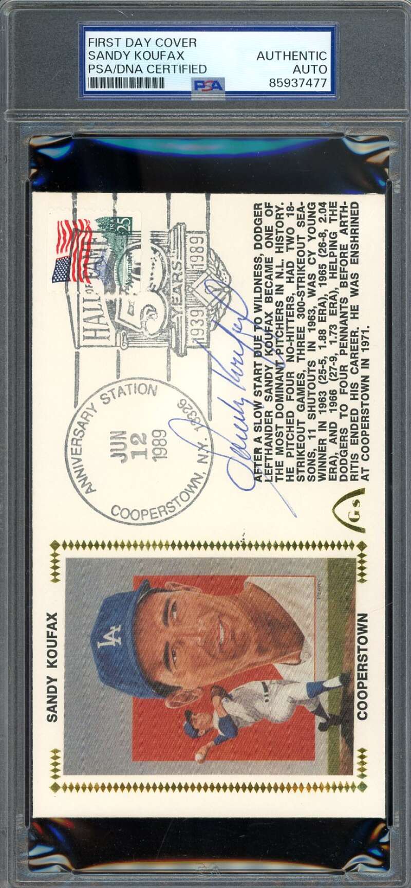 Sandy Koufax PSA DNA Signed 1989 First Day Cover Cache FDC Cooperstown Autograph