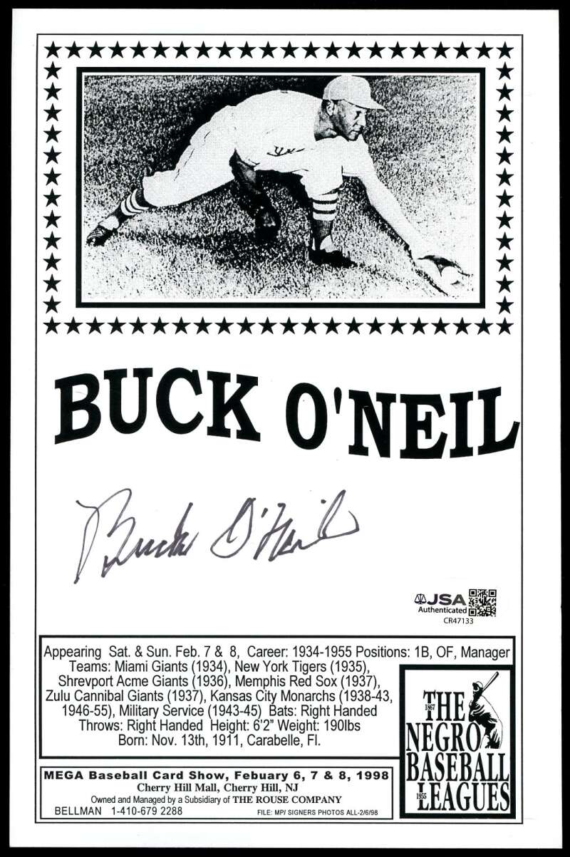 Buck O'Neil JSA Coa Signed 6x9 Photo Autograph