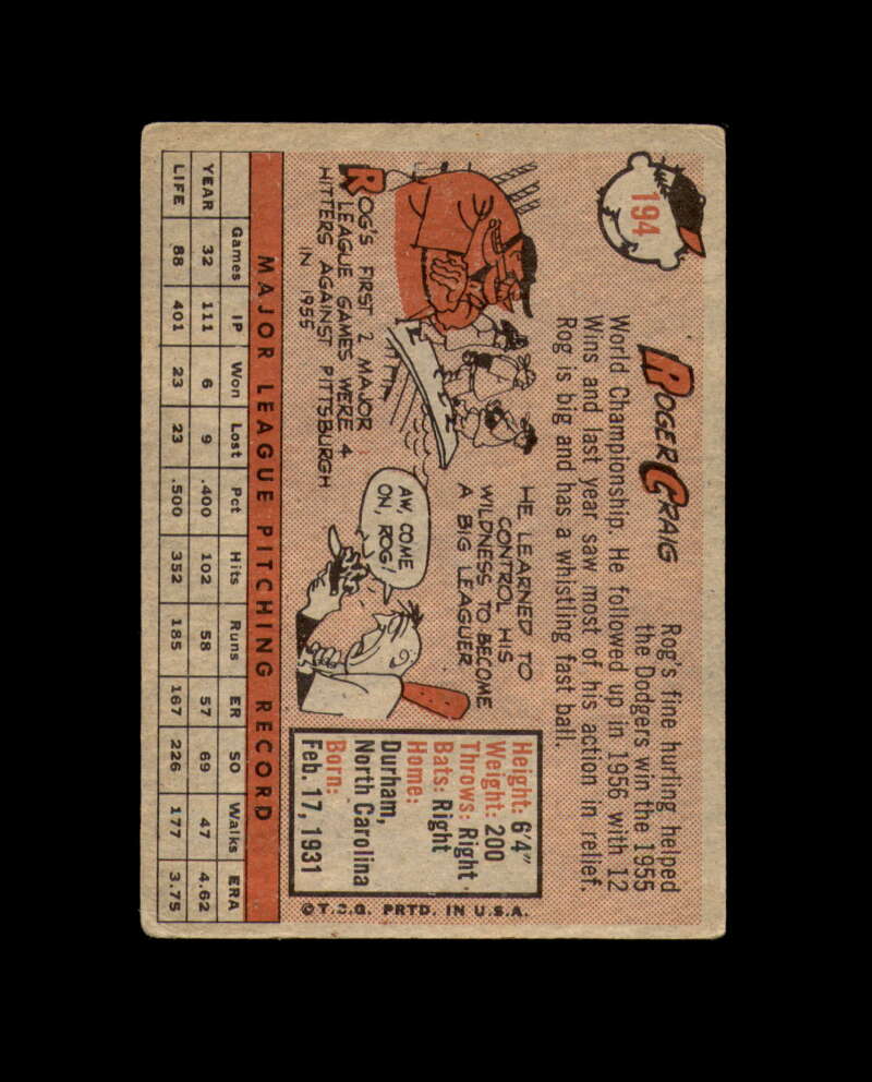 Roger Craig Signed 1958 Topps Los Angeles Dodgers Autograph