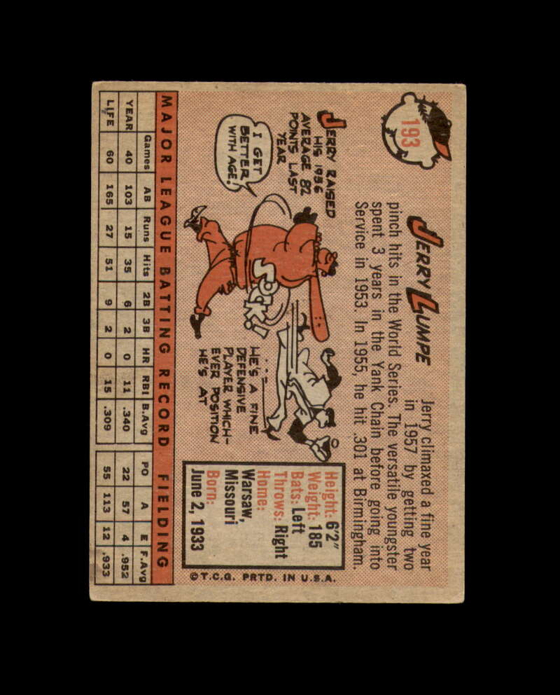 Jerry Lumpe Signed 1958 Topps New York Yankees Autograph