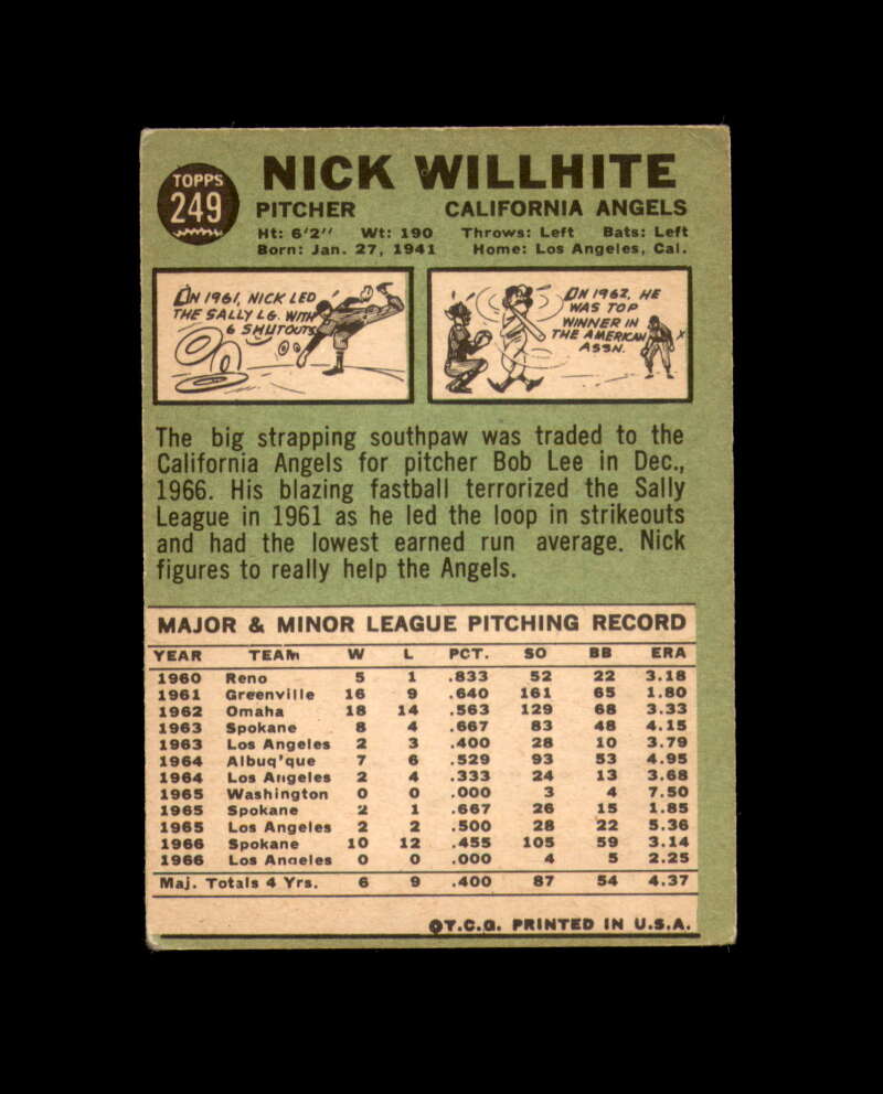 Nick Willhite Signed 1967 Topps California Angels Autograph