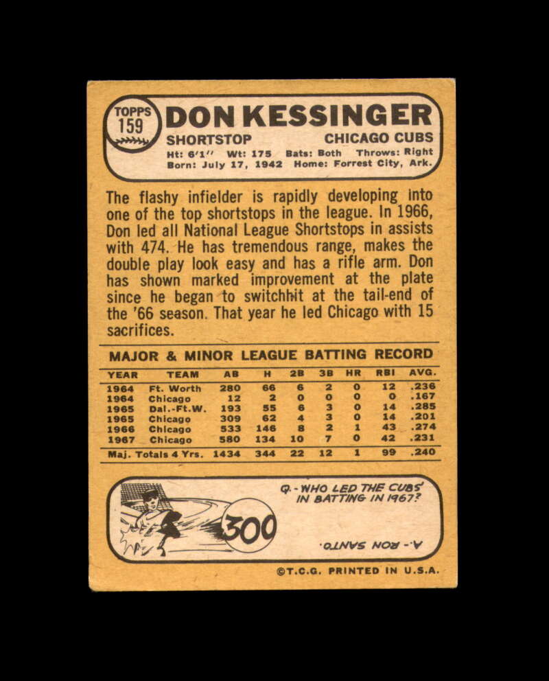 Don Kessinger Signed 1968 Topps Chicago Cubs Autograph