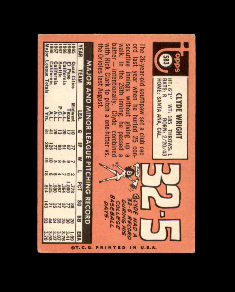 Clyde Wright Signed 1969 Topps California Angels Autograph