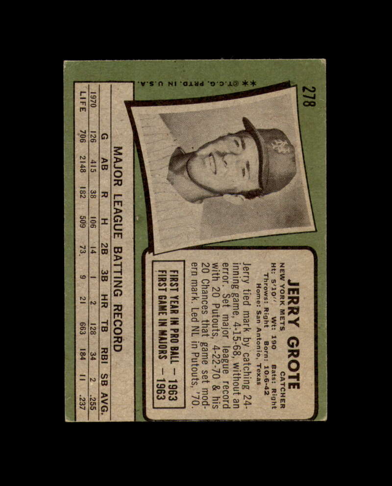 Jerry Grote Signed 1970 Topps New York Mets Autograph
