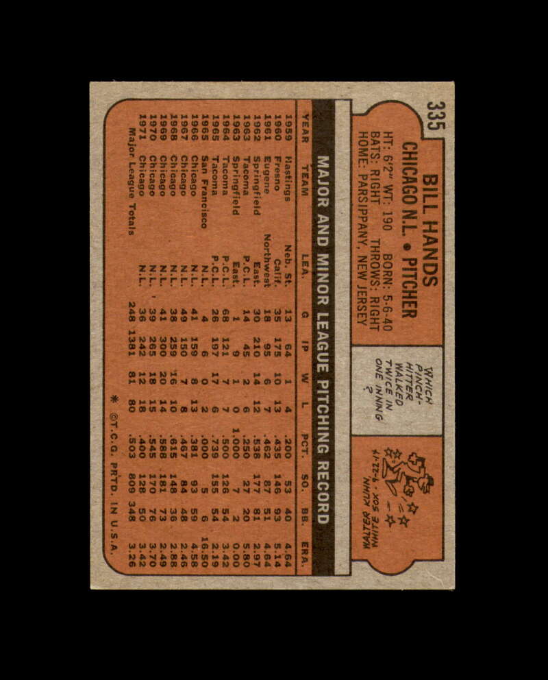 Bill Hands Signed 1972 Topps Chicago Cubs Autograph