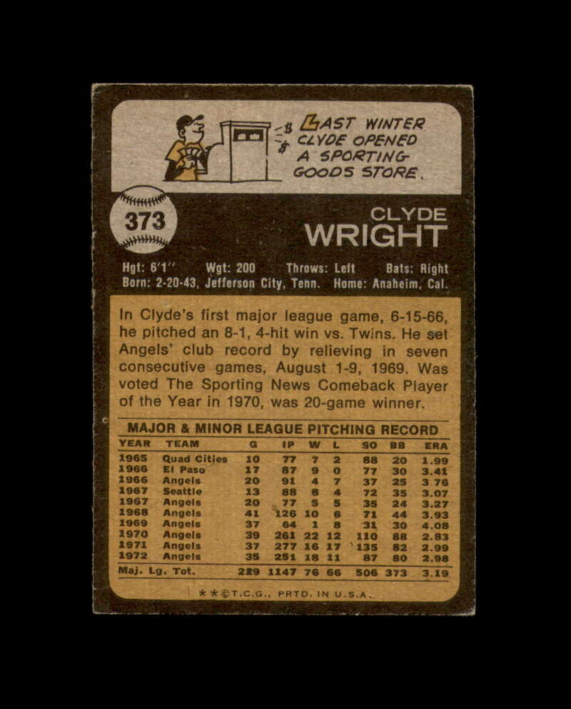 Clyde Wright Signed 1973 Topps California Angels Autograph