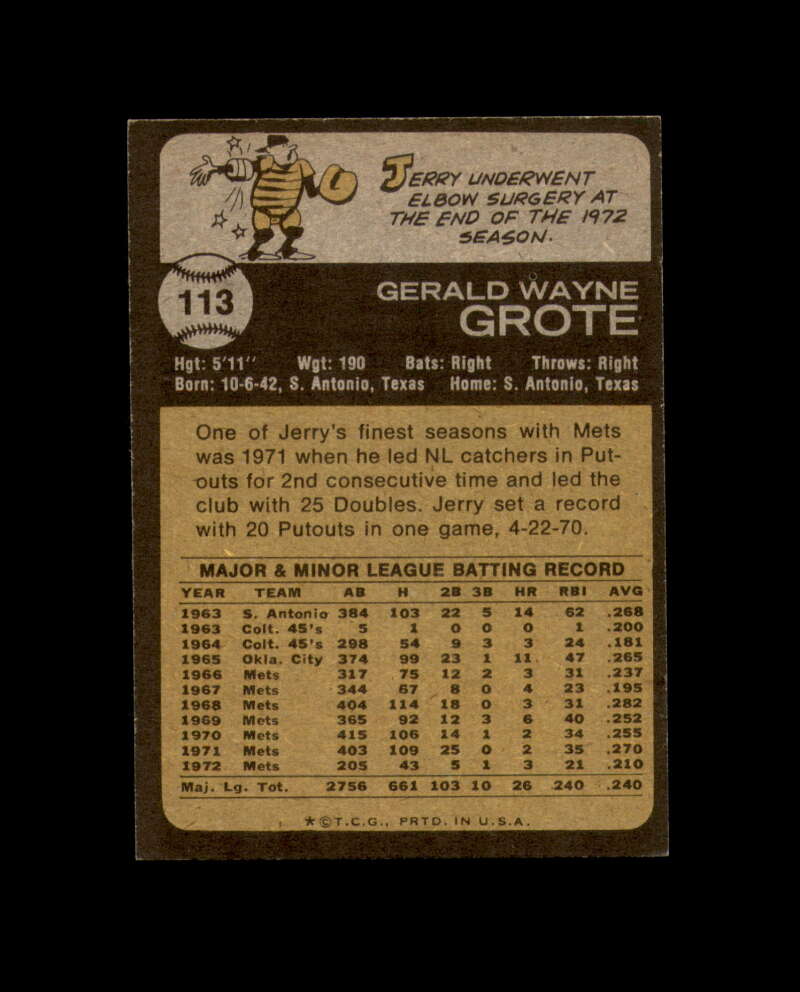 Jerry Grote Signed 1973 Topps New York Mets Autograph
