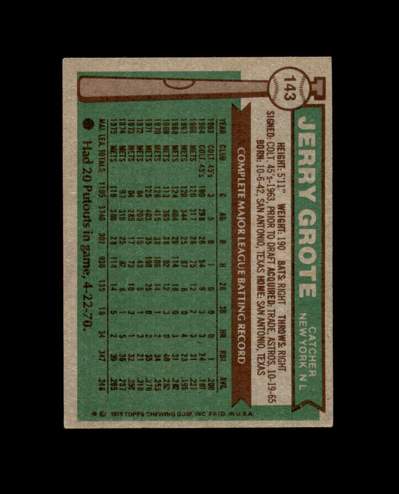 Jerry Grote Signed 1976 Topps New York Mets Autograph