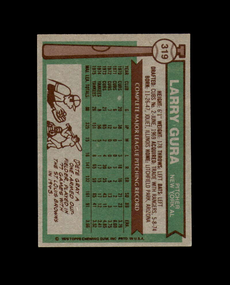 Larry Gura Signed 1976 Topps New York Yankees Autograph