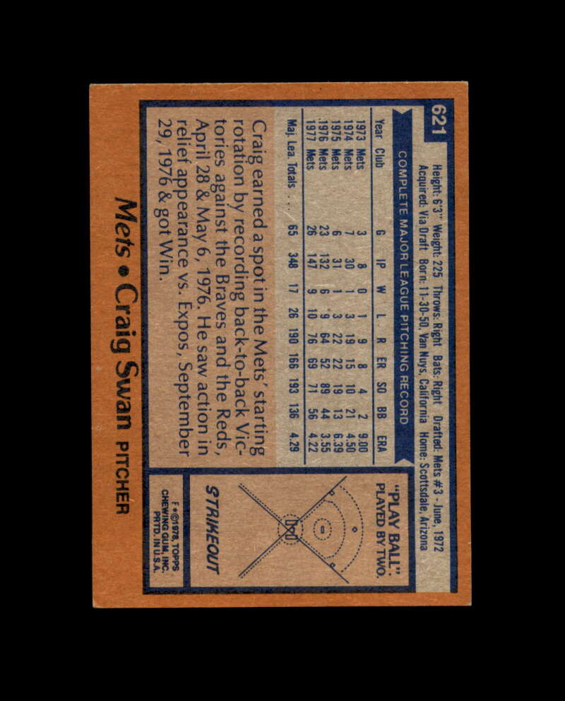 Craig Swan Signed 1978 Topps New York Mets Autograph