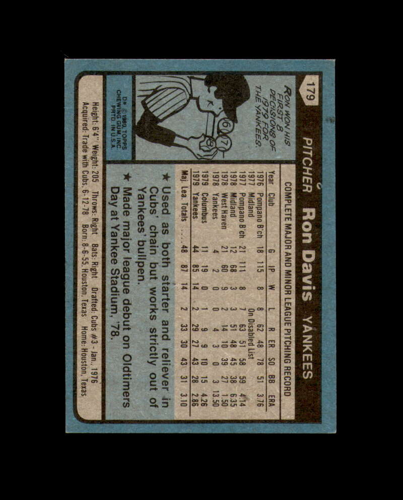 Ron Davis Signed 1980 Topps New York Yankees Autograph