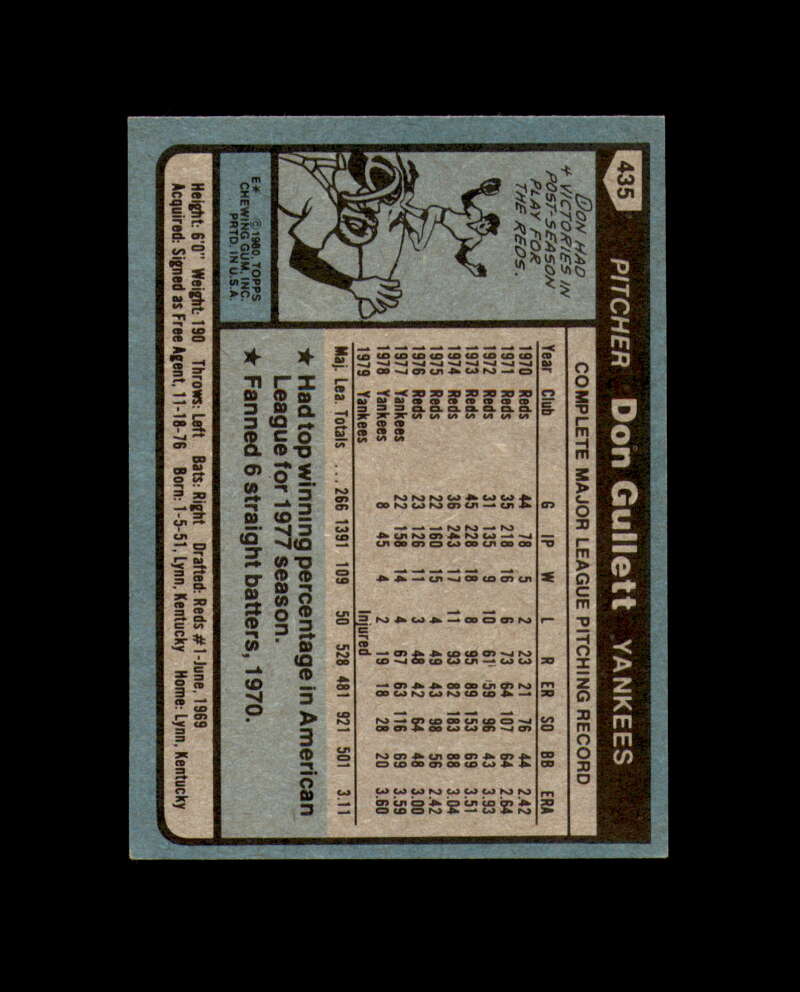 Don Gullett Signed 1980 Topps New York Yankees Autograph