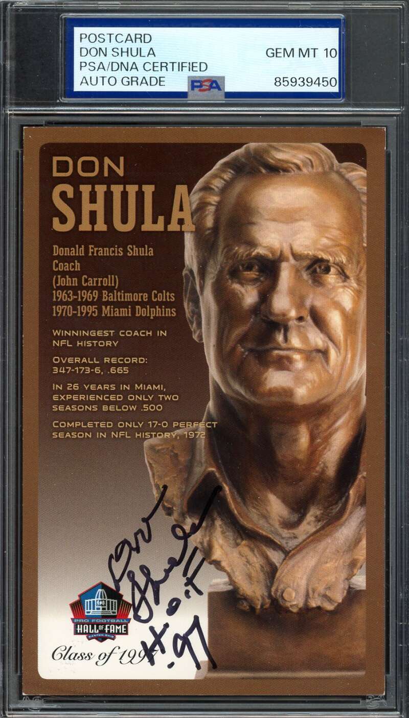 Don Shula Gem Mint 10 PSA DNA Signed Hall of Fame Bust Postcard Autograph