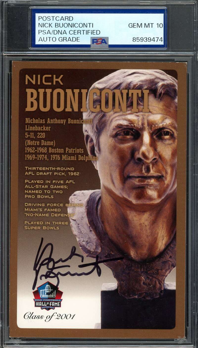 Nick Buoniconti Gem Mint 10 PSA DNA Signed Hall of Fame Bust Postcard Autograph