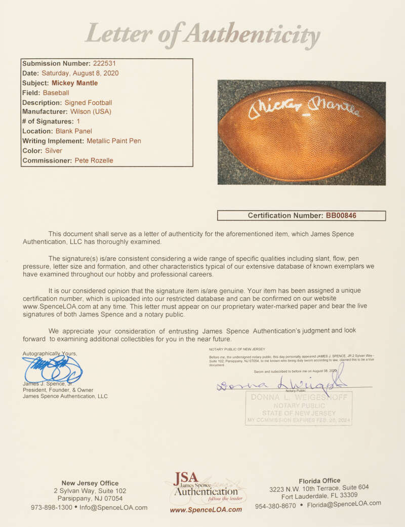 Mickey Mantle Signed One Of A Kind Official Leather NFL Rozelle Football Autograph