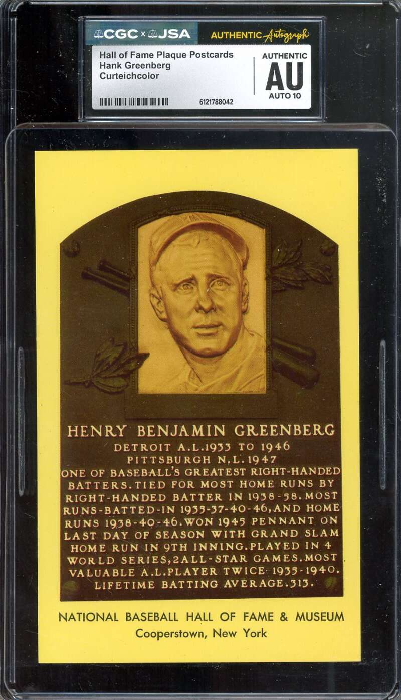 Hank Greenberg Gem Mint 10 CGC JSA   Signed Gold Hall of Fame Plaque Postcard Autograph