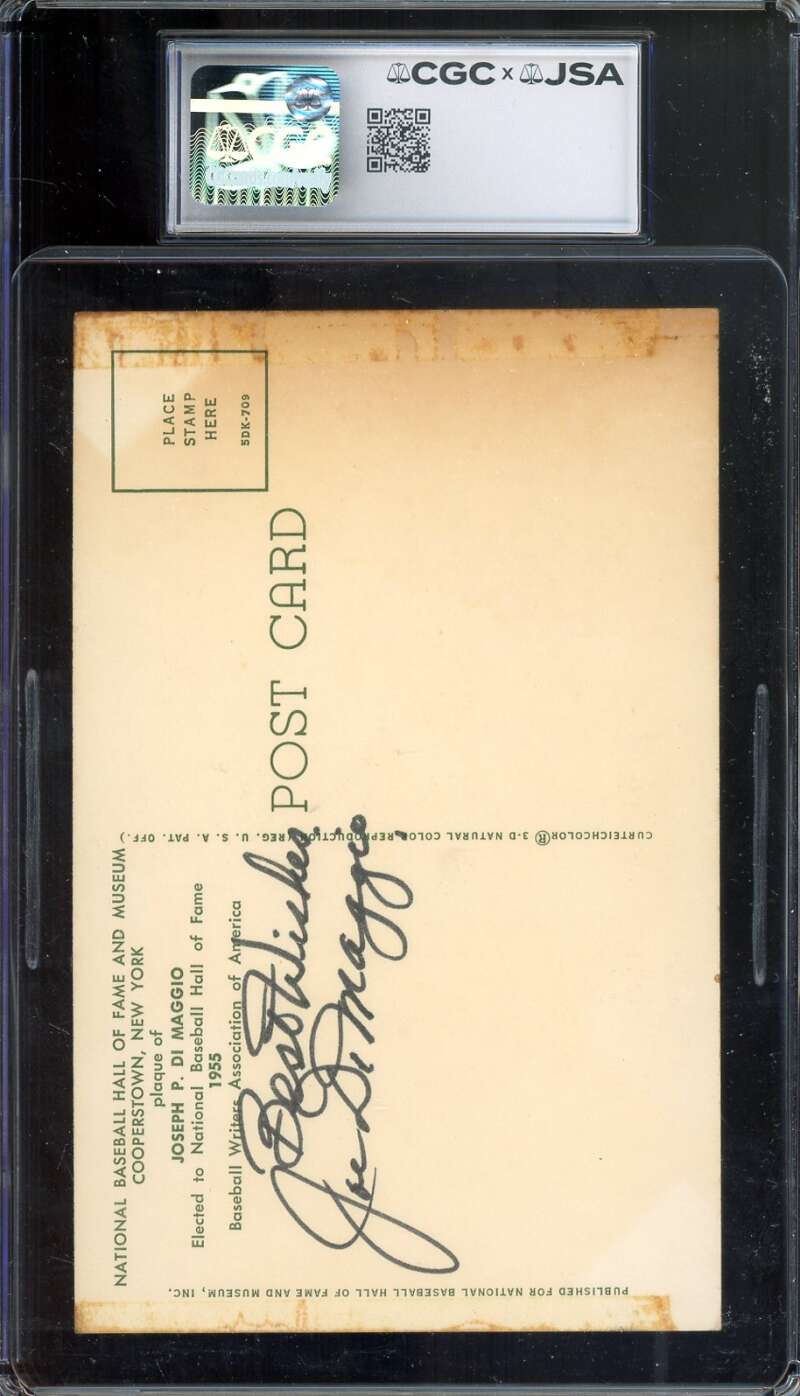 Joe DiMaggio Mint 9 CGC JSA   Signed Gold Hall of Fame Plaque Postcard Autograph