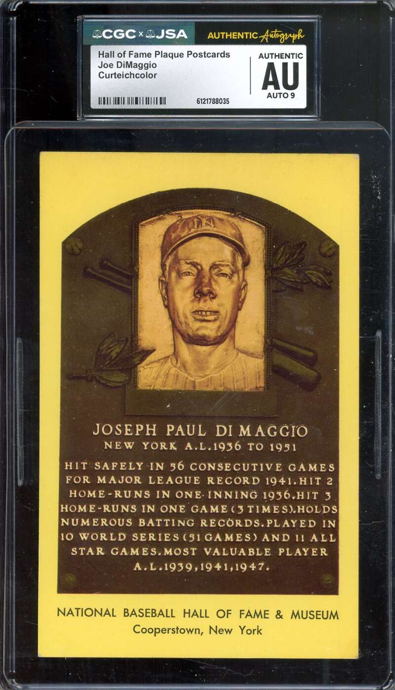 Joe DiMaggio Mint 9 CGC JSA   Signed Gold Hall of Fame Plaque Postcard Autograph