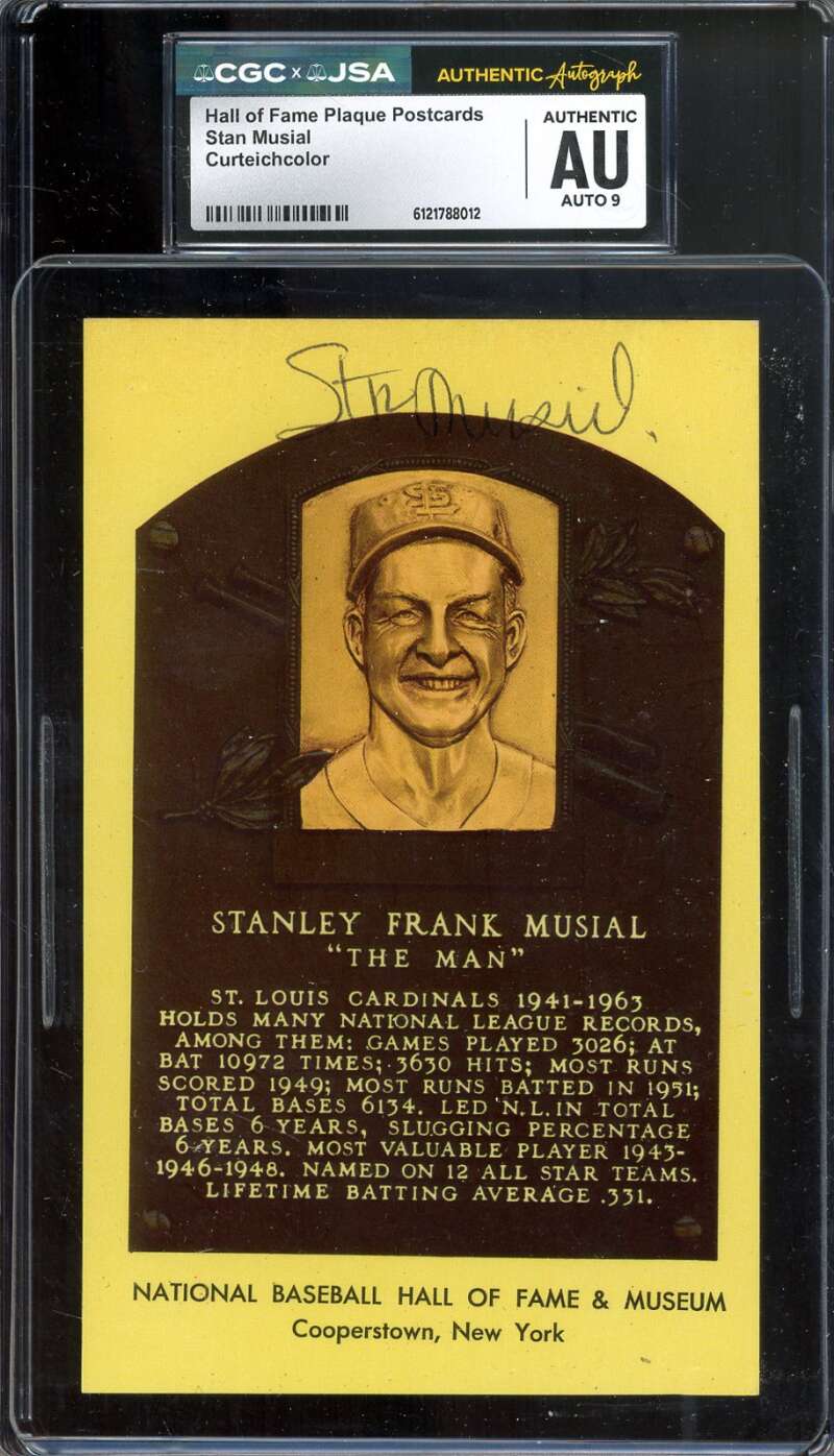 Stan Musial Mint 9 CGC JSA   Signed Gold Hall of Fame Plaque Postcard Autograph