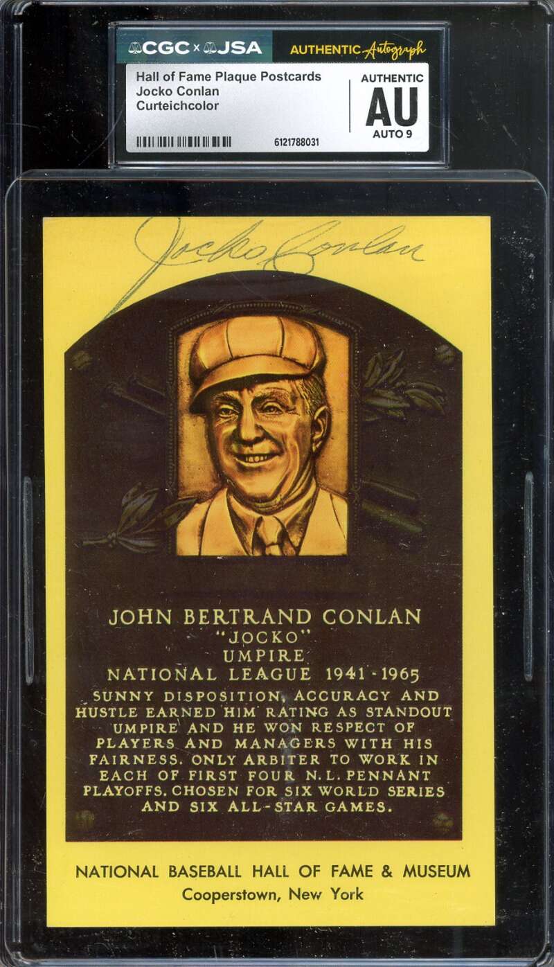 Jocko Conlan Mint 9 CGC JSA   Signed Gold Hall of Fame Plaque Postcard Autograph