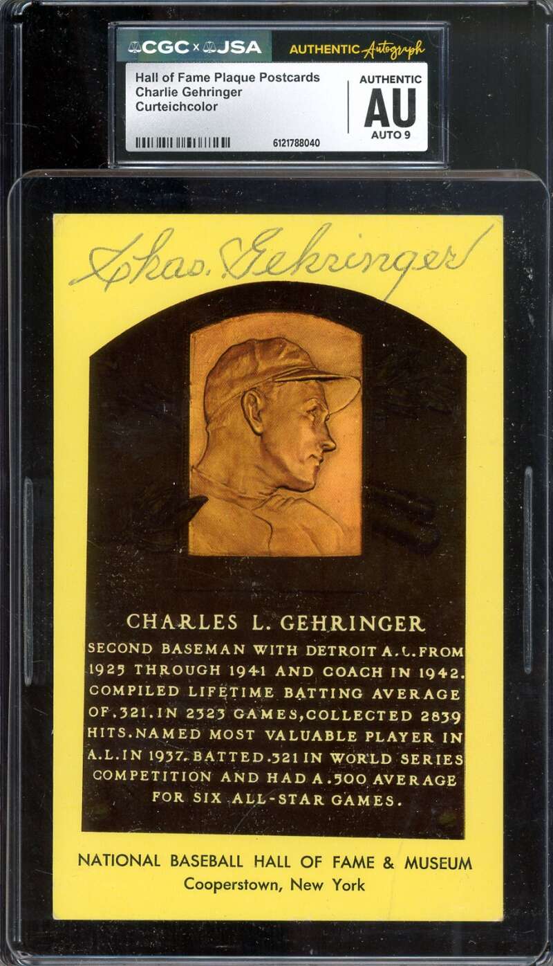 Charlie Gehringer Mint 9 CGC JSA   Signed Gold Hall of Fame Plaque Postcard Autograph
