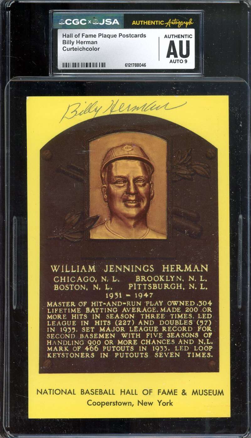 Billy Herman Mint 9 CGC JSA   Signed Gold Hall of Fame Plaque Postcard Autograph
