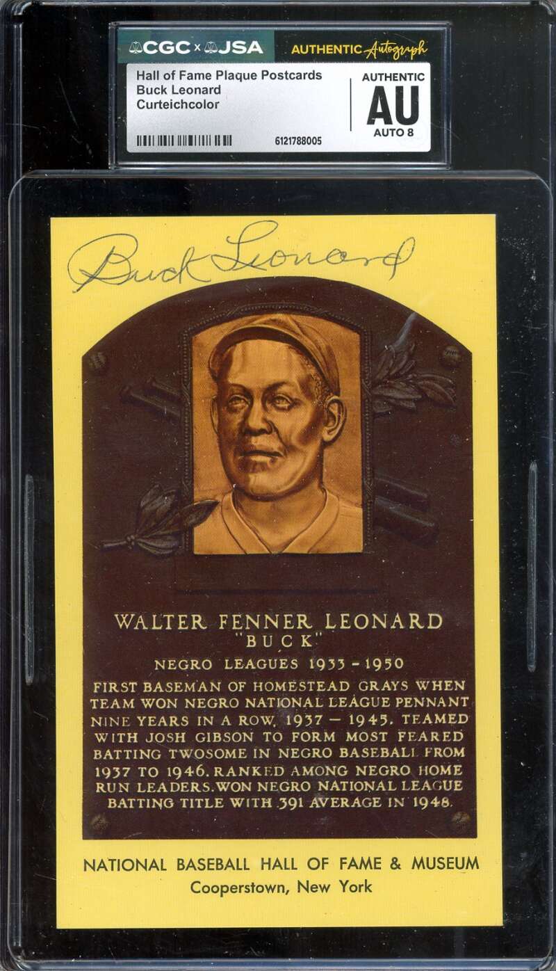Buck Leonard NM-MT 8 CGC JSA   Signed Gold Hall of Fame Plaque Postcard Autograph