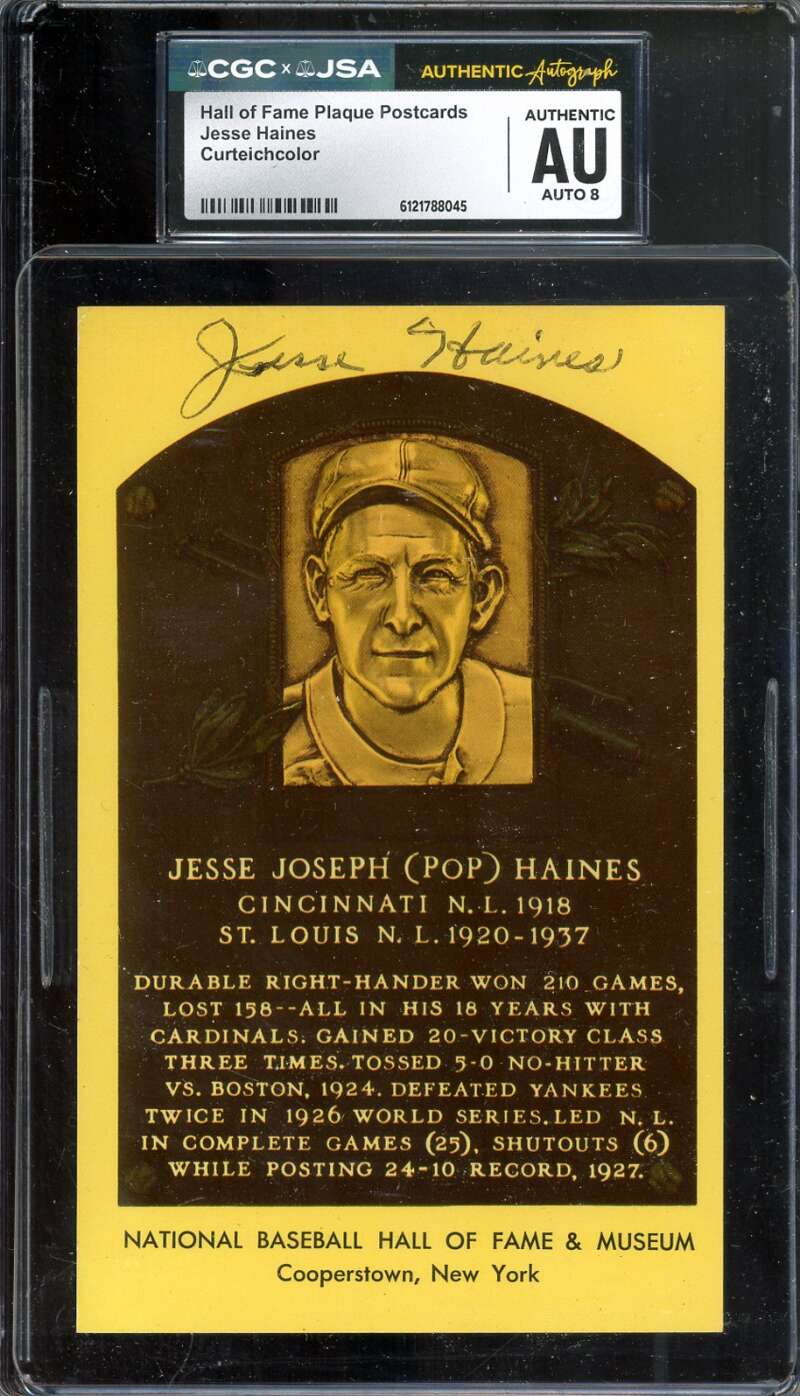 Jesse Haines NM-MT 8 CGC JSA   Signed Gold Hall of Fame Plaque Postcard Autograph