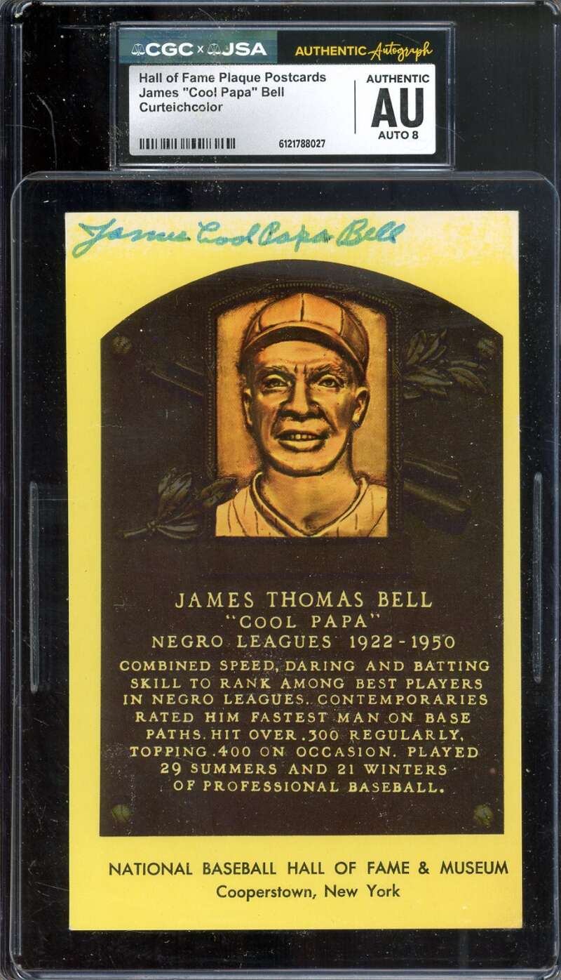 James Cool Papa Bell NM-MT 8 CGC JSA   Signed Gold Hall of Fame Plaque Postcard Autograph