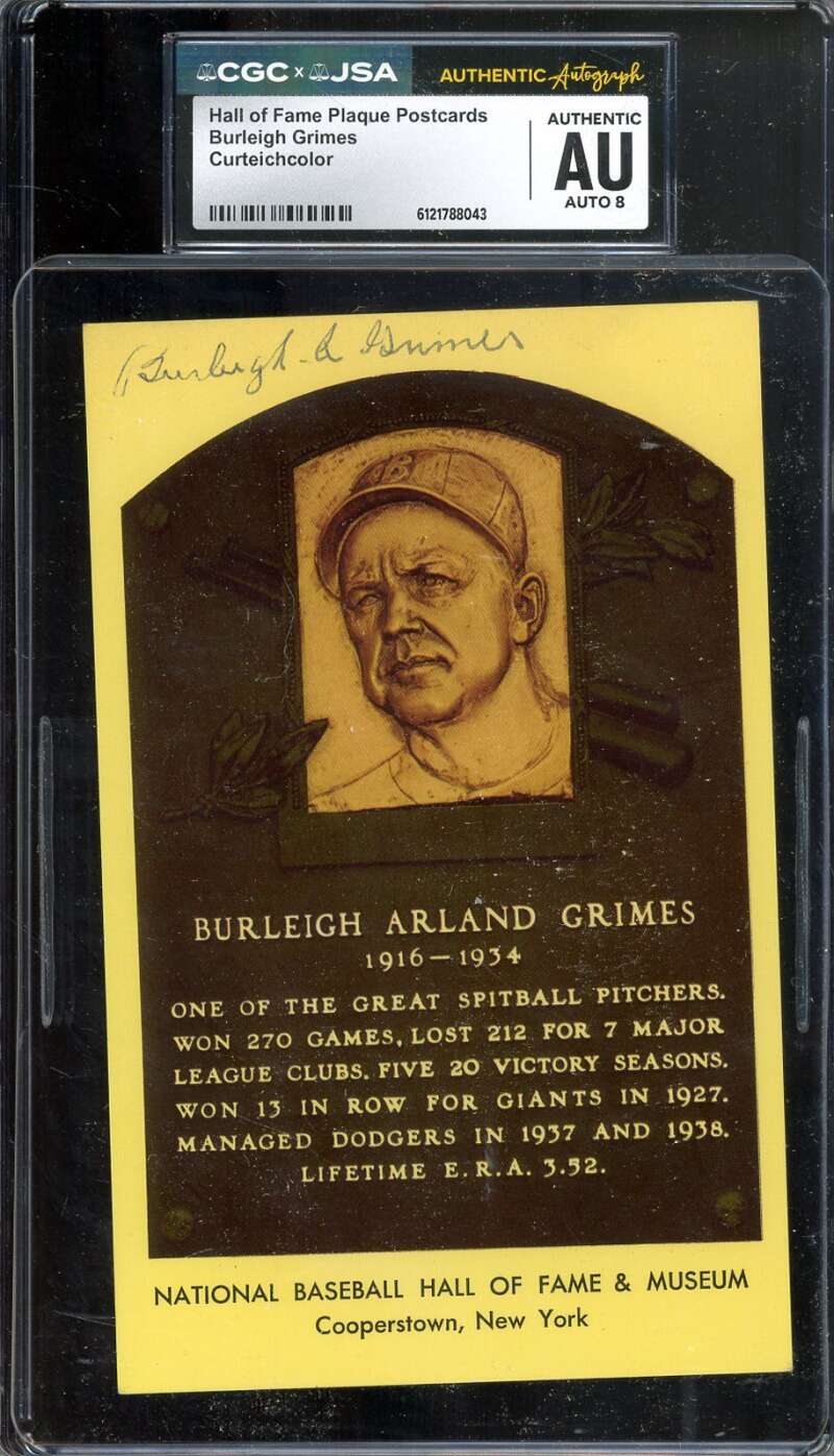 Burleigh Grimes NM-MT 8 CGC JSA   Signed Gold Hall of Fame Plaque Postcard Autograph