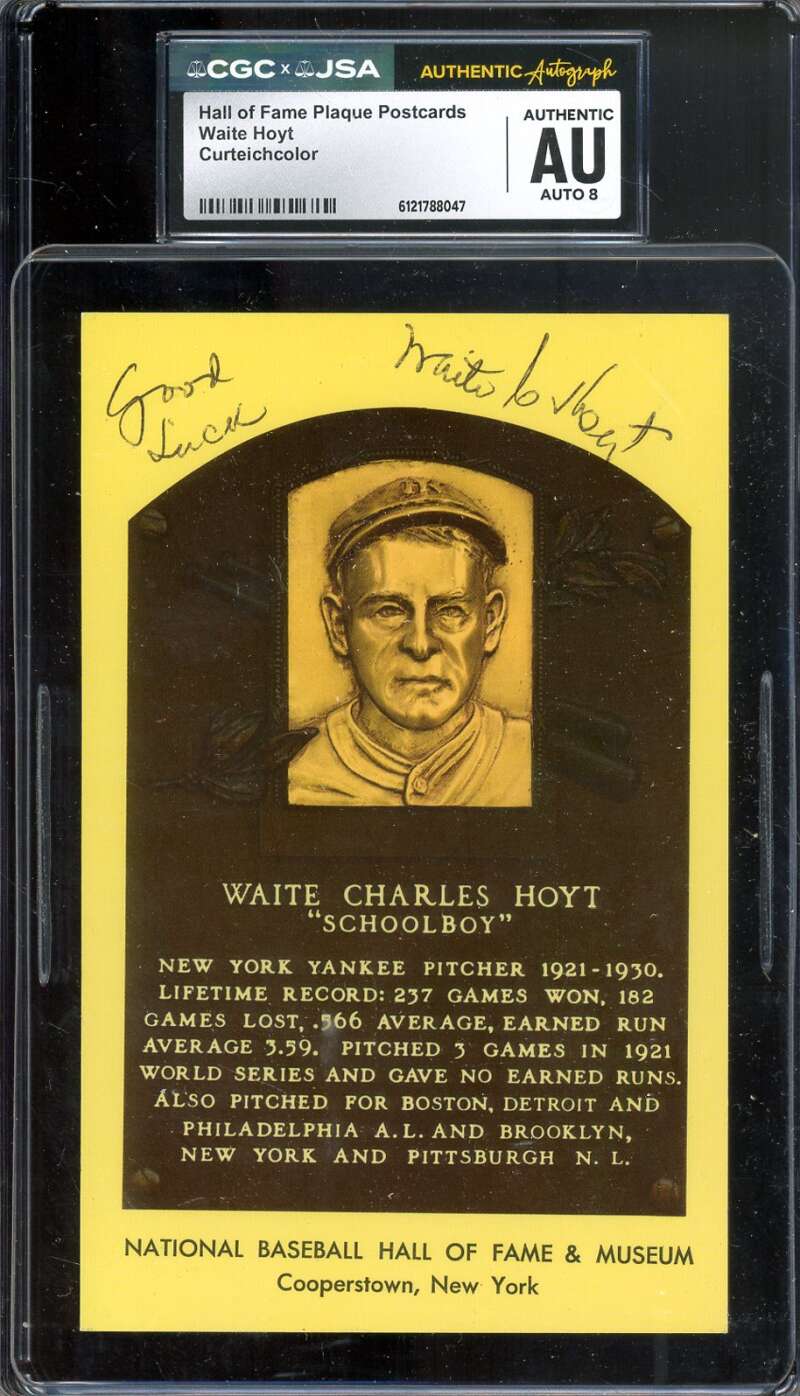 Waite Hoyt NM-MT 8 CGC JSA   Signed Gold Hall of Fame Plaque Postcard Autograph