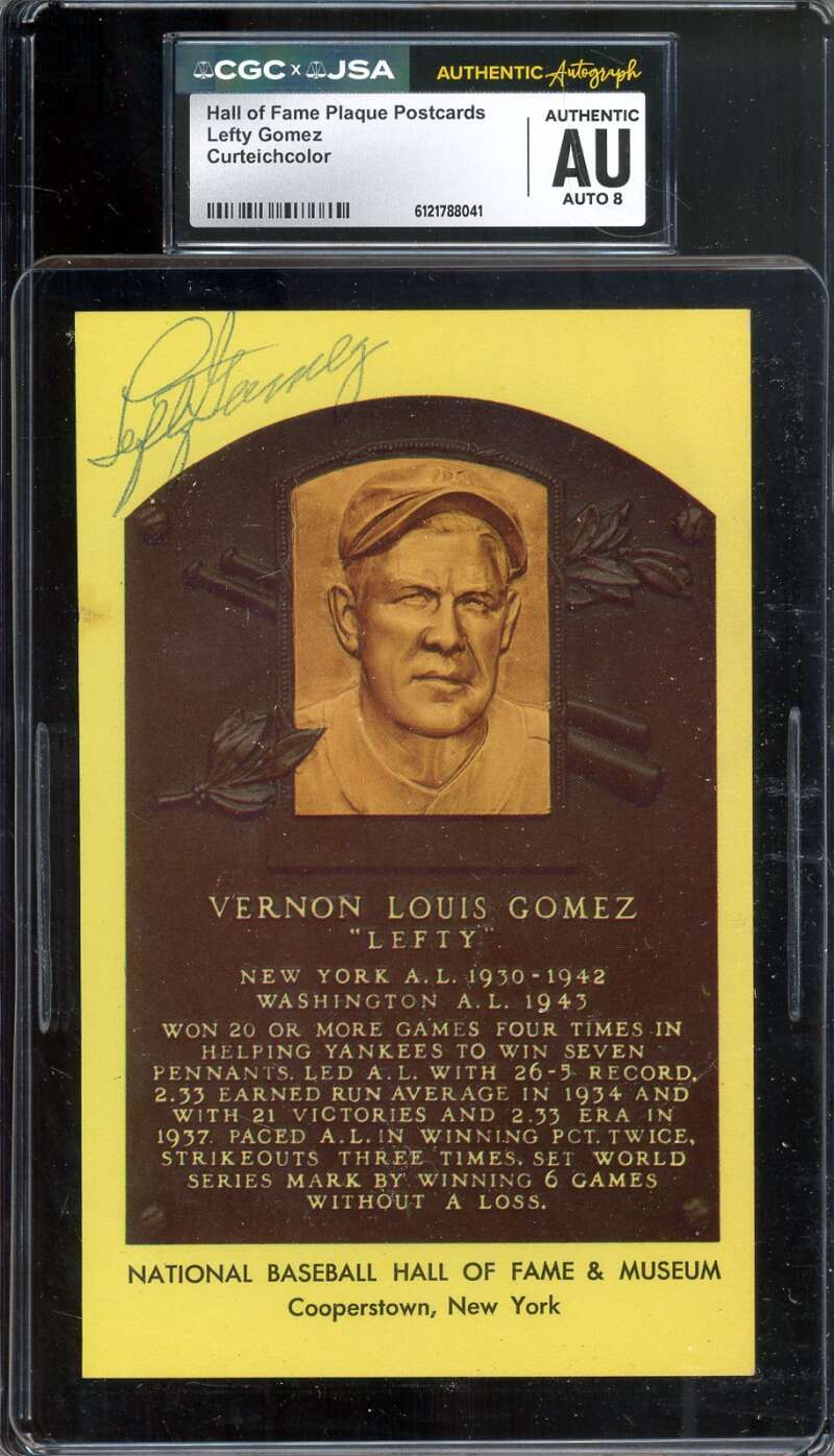 Lefty Gomez NM-MT 8 CGC JSA   Signed Gold Hall of Fame Plaque Postcard Autograph
