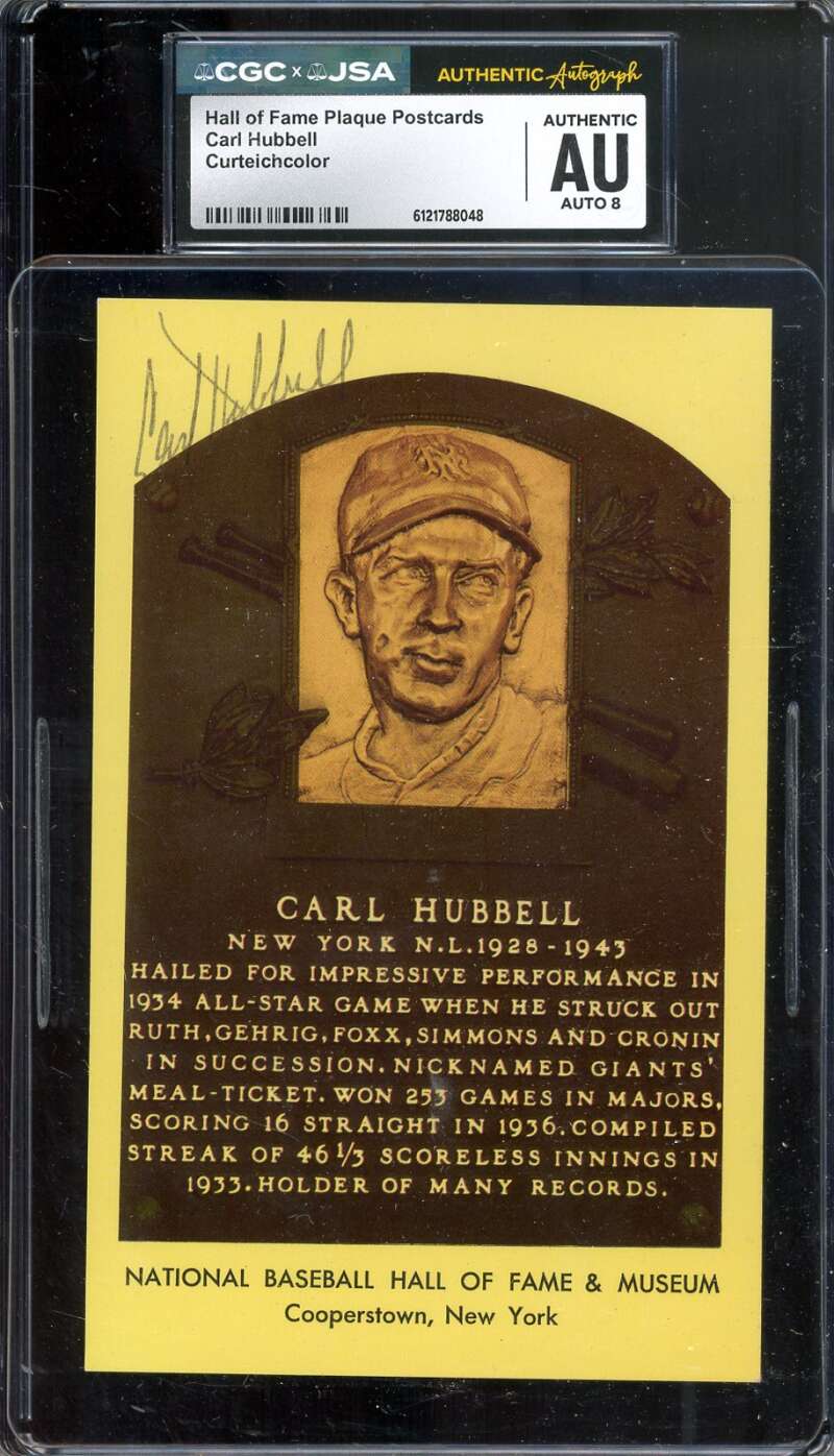 Carl Hubbell NM-MT 8 CGC JSA   Signed Gold Hall of Fame Plaque Postcard Autograph