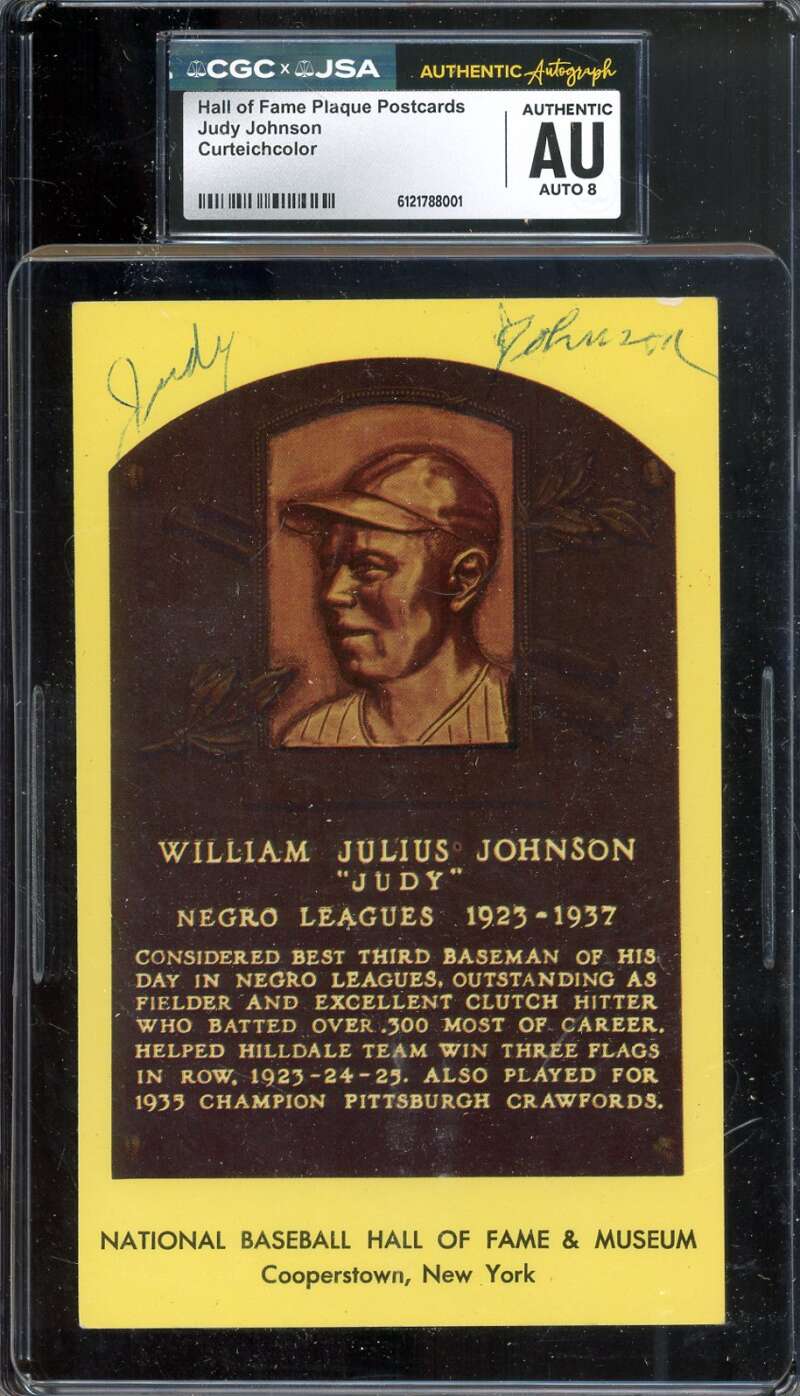Judy Johnson NM-MT 8 CGC JSA   Signed Gold Hall of Fame Plaque Postcard Autograph