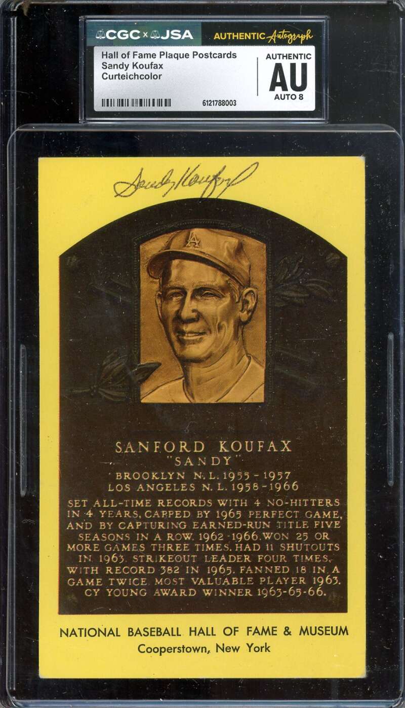 Sandy Koufax NM-MT 8 CGC JSA   Signed Gold Hall of Fame Plaque Postcard Autograph