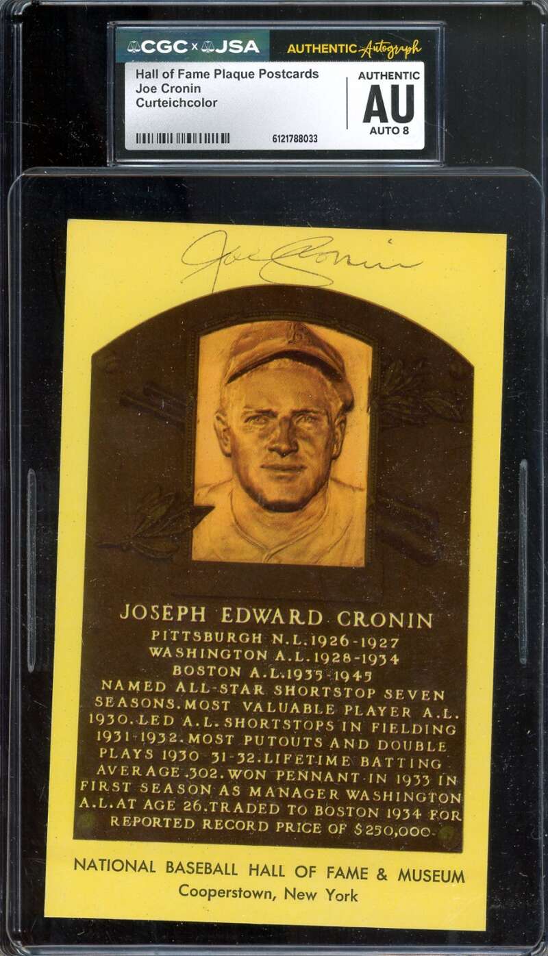 Joe Cronin NM-MT 8 CGC JSA   Signed Gold Hall of Fame Plaque Postcard Autograph