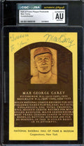Max Carey NM-MT 8 CGC JSA   Signed Gold Hall of Fame Plaque Postcard Autograph