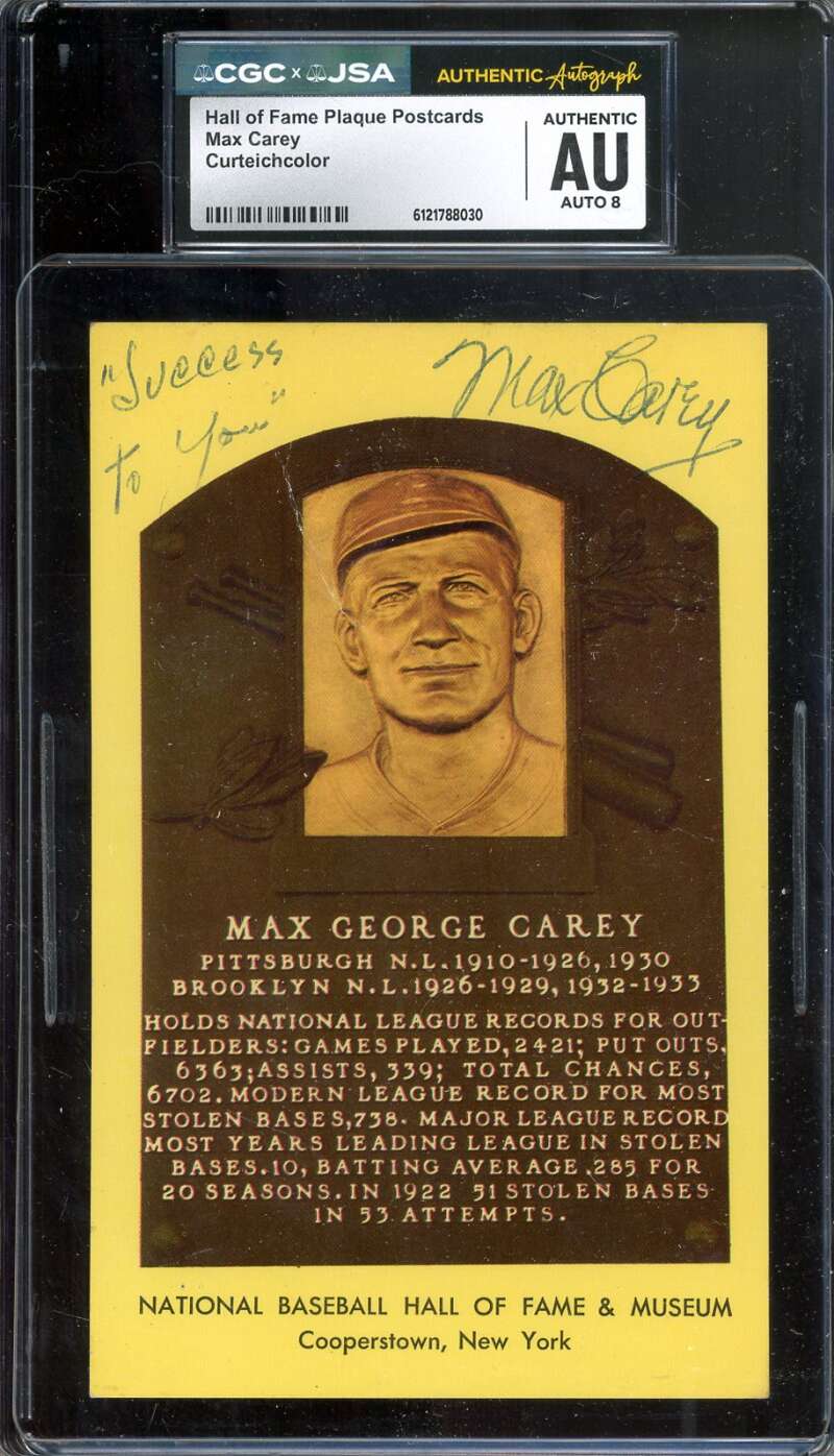 Max Carey NM-MT 8 CGC JSA   Signed Gold Hall of Fame Plaque Postcard Autograph