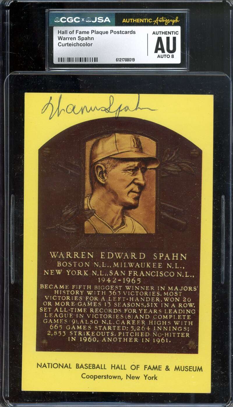 Warren Spahn NM-MT 8 CGC JSA   Signed Gold Hall of Fame Plaque Postcard Autograph