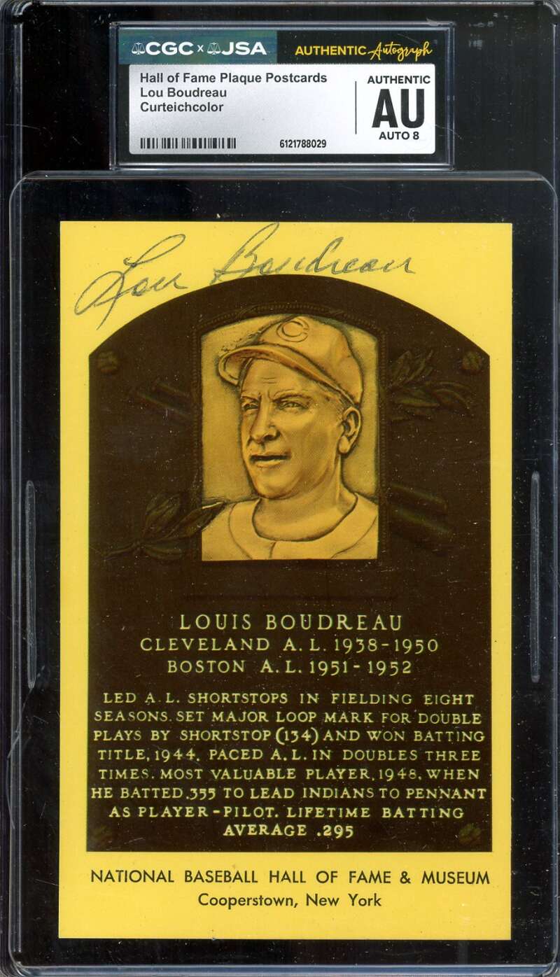 Lou Boudreau NM-MT 8 CGC JSA   Signed Gold Hall of Fame Plaque Postcard Autograph