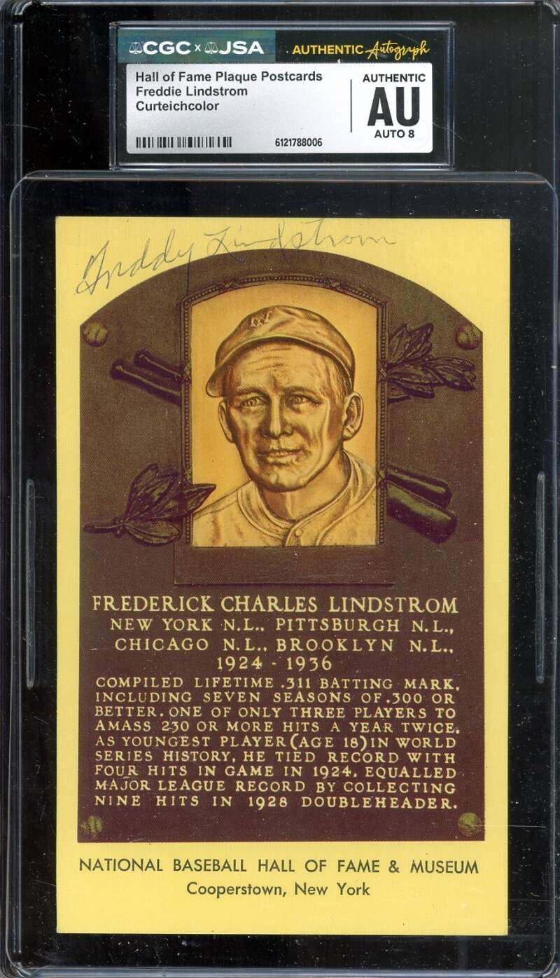 Freddie Lindstrom NM-MT 8 CGC JSA   Signed Gold Hall of Fame Plaque Postcard Autograph