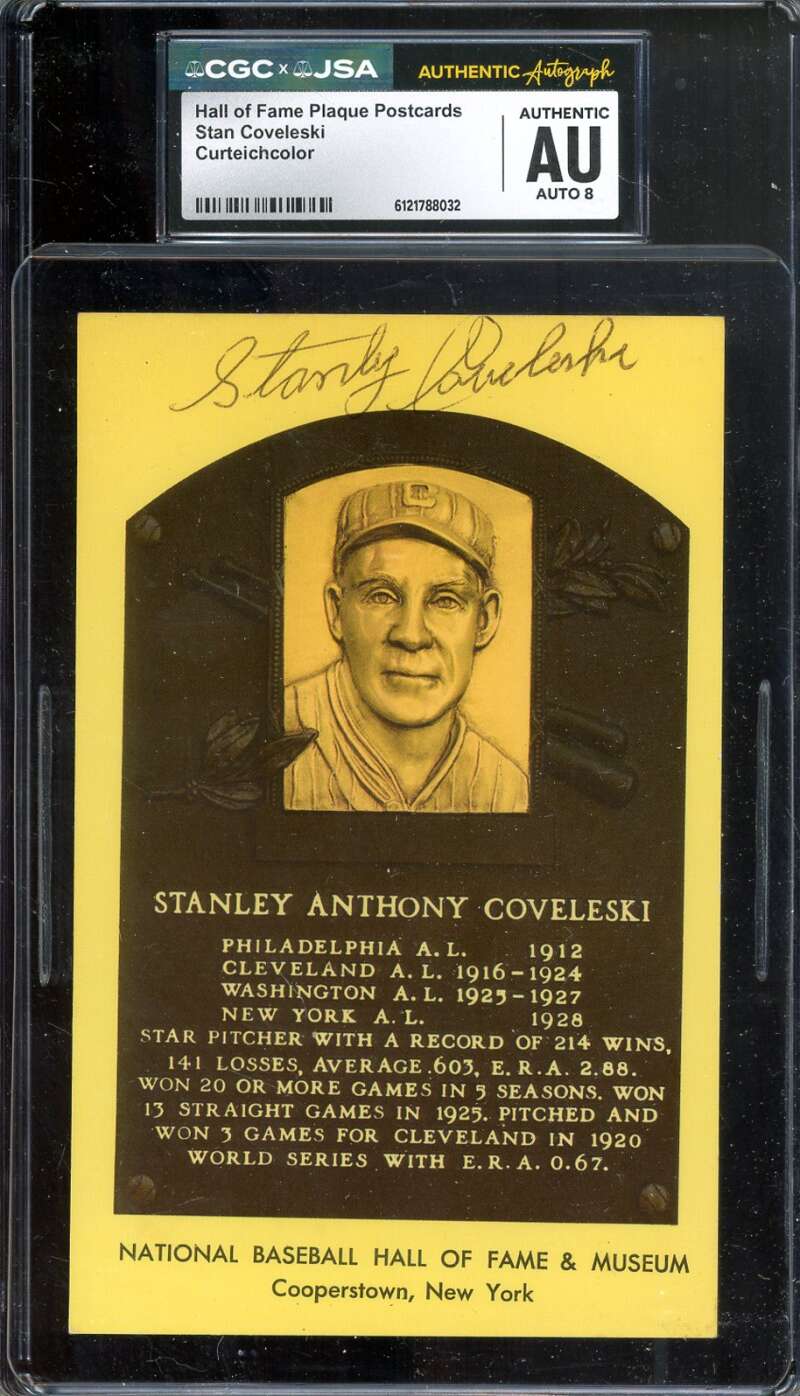 Stanley Coveleski NM-MT 8 CGC JSA   Signed Gold Hall of Fame Plaque Postcard Autograph