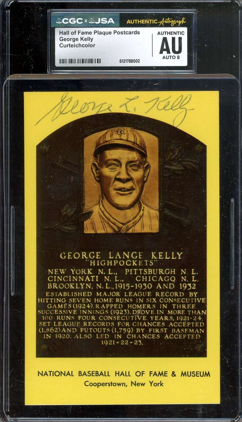 George Kelly NM-MT 8 CGC JSA   Signed Gold Hall of Fame Plaque Postcard Autograph