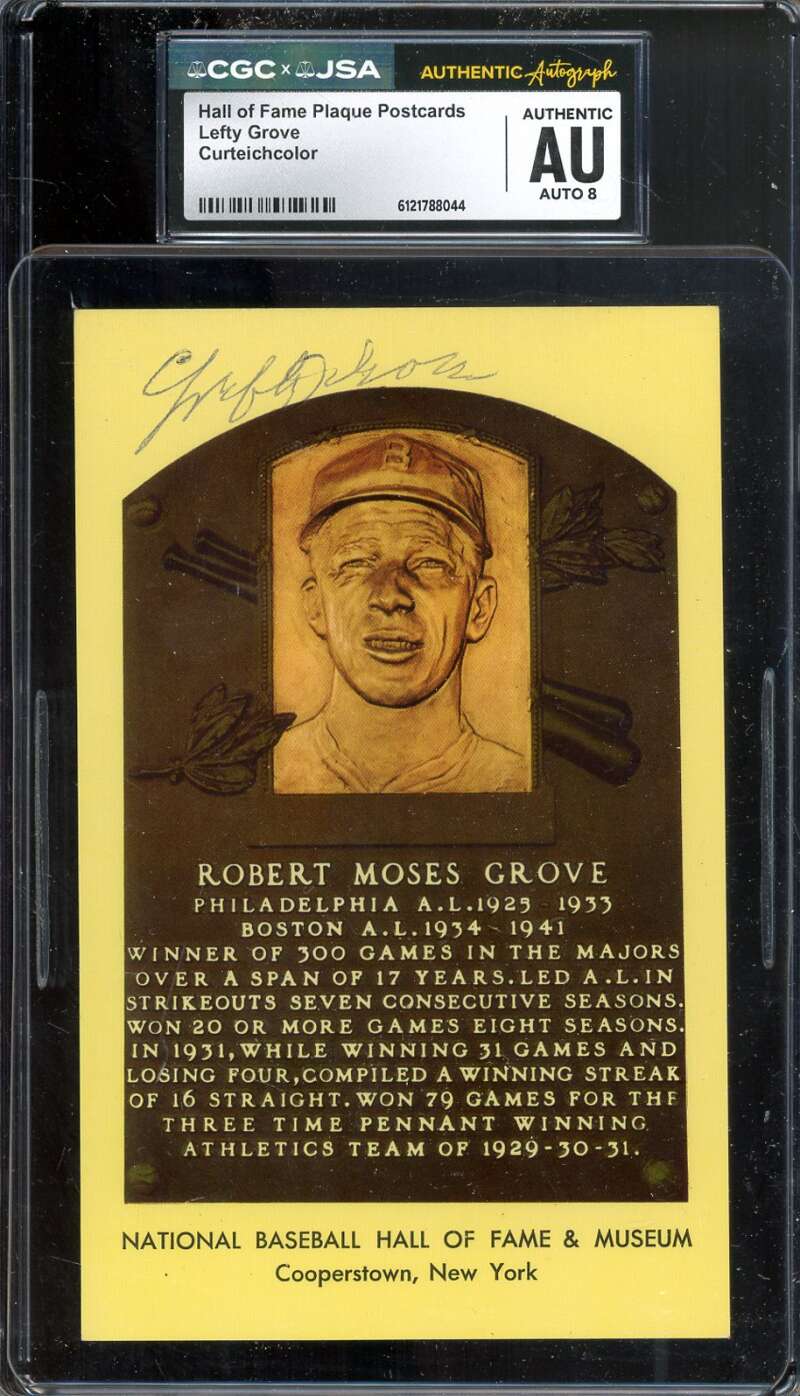Lefty Grove NM-MT 8 CGC JSA   Signed Gold Hall of Fame Plaque Postcard Autograph