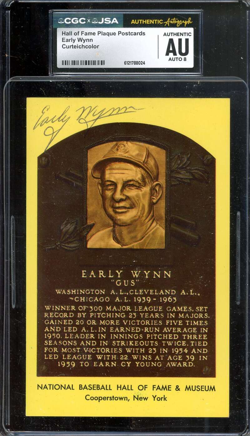 Early Wynn NM-MT 8 CGC JSA   Signed Gold Hall of Fame Plaque Postcard Autograph