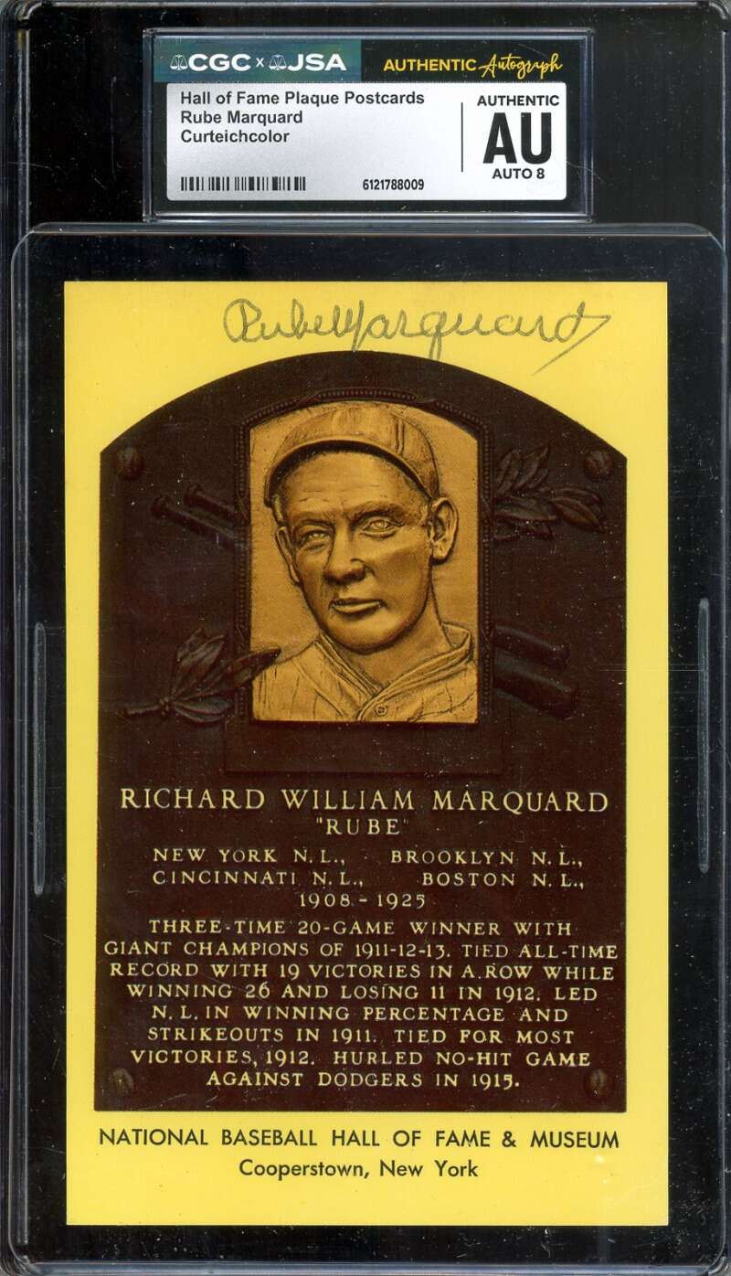 Rube Marquard NM-MT 8 CGC JSA   Signed Gold Hall of Fame Plaque Postcard Autograph