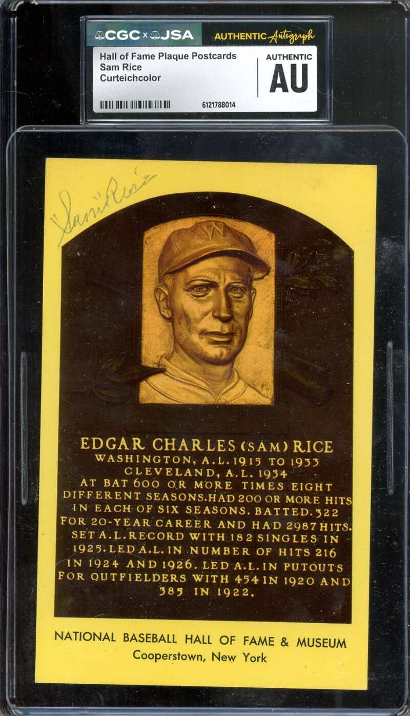 Sam Rice CGC JSA   Signed Gold Hall of Fame Plaque Postcard Autograph