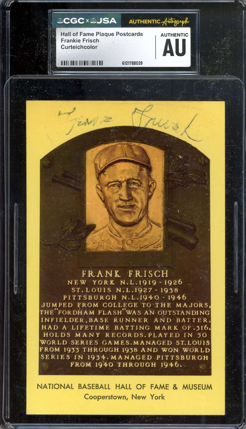 Frankie Frisch CGC JSA   Signed Gold Hall of Fame Plaque Postcard Autograph