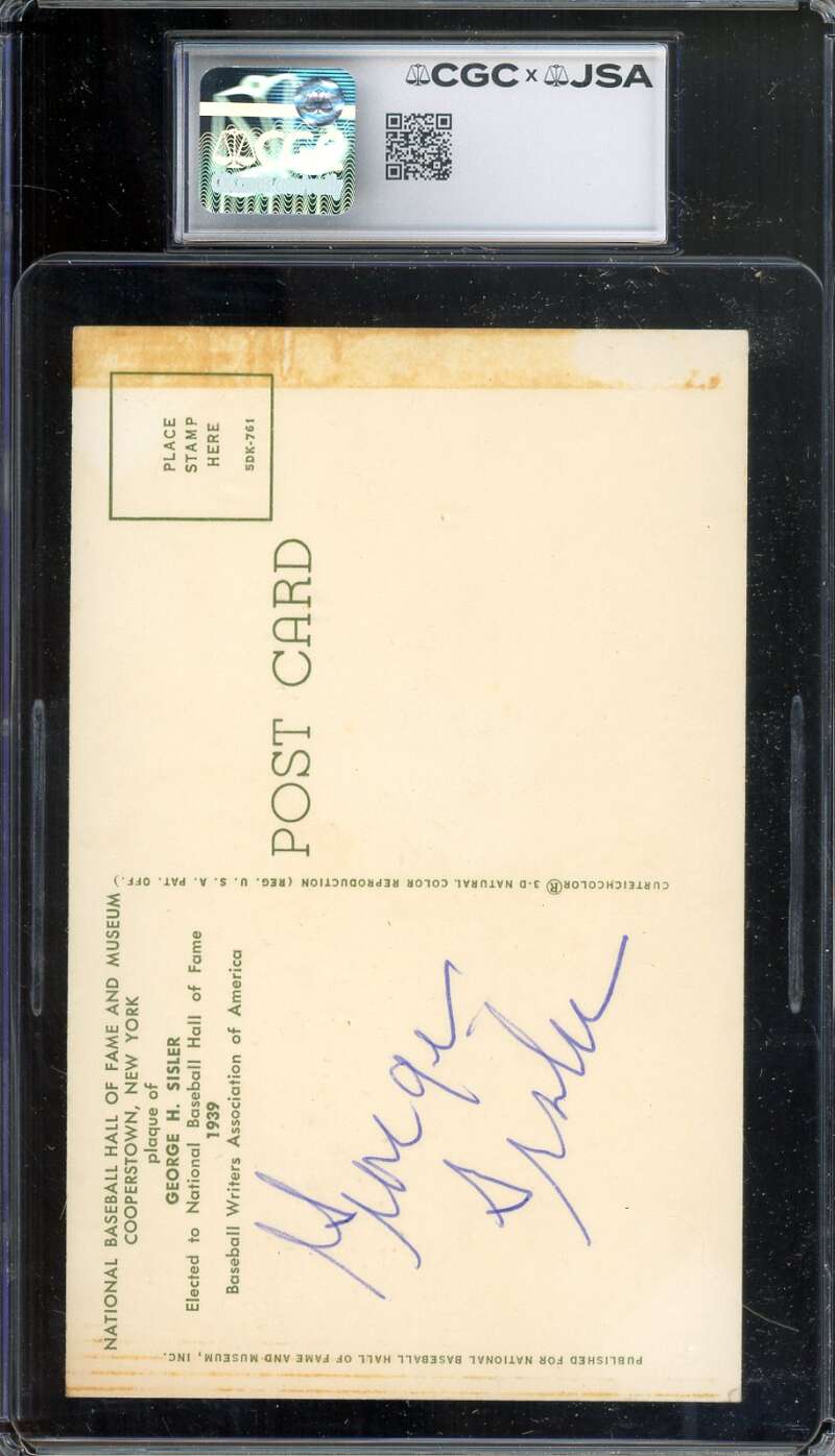 George Sisler CGC JSA   Signed 2x Gold Hall of Fame Plaque Postcard Autograph