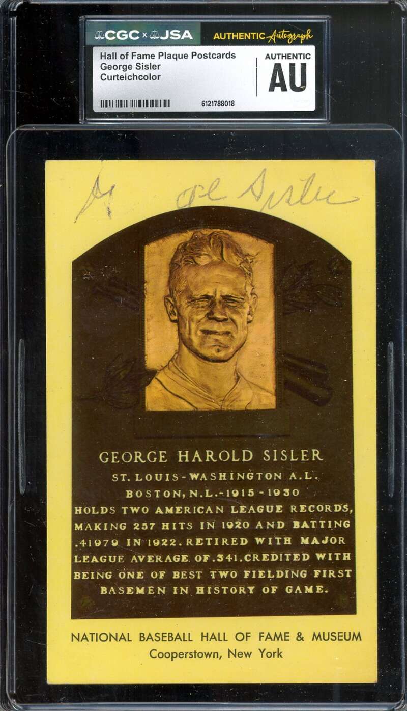 George Sisler CGC JSA   Signed 2x Gold Hall of Fame Plaque Postcard Autograph